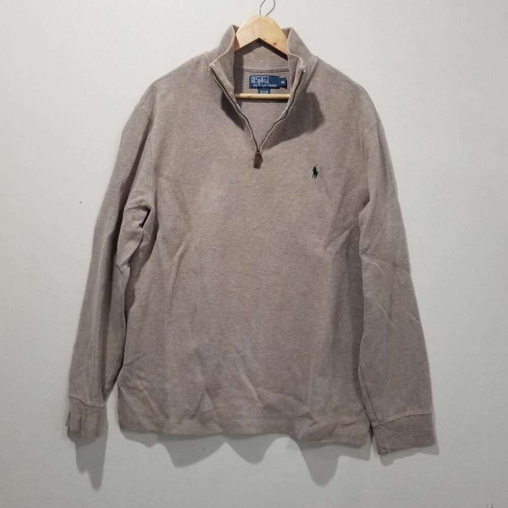 Polo Ralph Lauren Sweater Mens XL Beige 1/4 Zip Mock Neck Cotton Knit Pullover